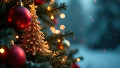 Fototapeta premium Sparkling Christmas tree with ornaments and shimmering lights, blurred background, tree, sparkle