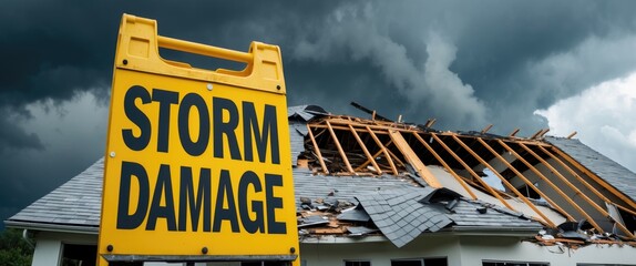 Yellow warning sign indicating damage in front of the house roof affected by storm.