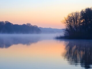 Fototapeta premium 11. A tranquil lake at sunrise with mist rising from the calm water