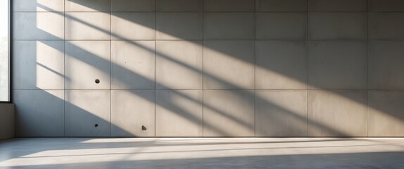 Fototapeta premium A modern, minimalist interior space featuring a wall and floor. Sunlight filters in through a window, creating long shadows on the floor.