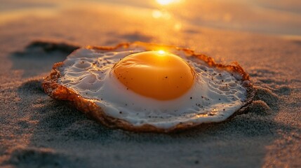 Surreal sunrise breakfast a sunny side up egg rests serenely on warm sand beach golden yolk mirroring the radiant dawn in abstract food photography