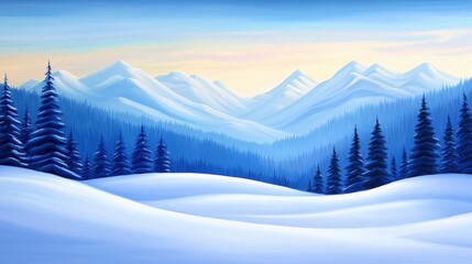 Obraz premium Serene winter landscape featuring snow-covered mountains and pine trees under a softly colored sky.
