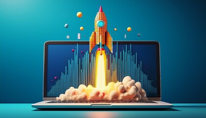 Pixelated Rocket Launching From Laptop Screen with Blue Background for Digital Success