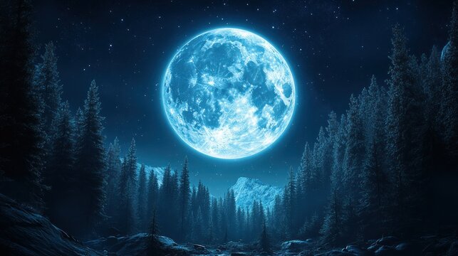 Majestic blue moon over winter forest