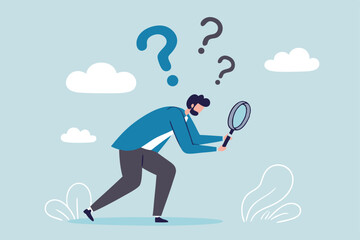 Detect or discover fact, information or analysis, curiosity, research or search in details, exploration or finding solution concept, businessman detective looking through magnifying glass searching.