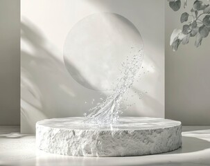 3D podium with water splash background, gray color, white background