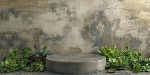 Display with a podium. Concrete cylinder, succulents and dark green leaves around, grey concrete background. Mockup for product presentation