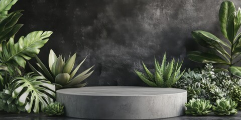 Display with a podium. Concrete cylinder, succulents and dark green leaves around, grey concrete background. Mockup for product presentation