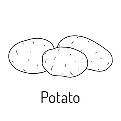 Black and white vector illustration of three potatoes with text. Simple hand-drawn style, perfect for coloring books, educational materials, food labels, and farm-related designs.