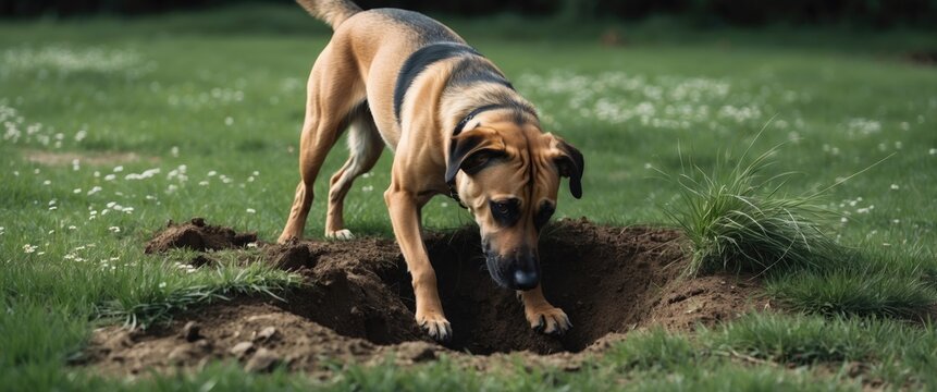 A large dog digs energetically in a green yard while searching for a gopher.