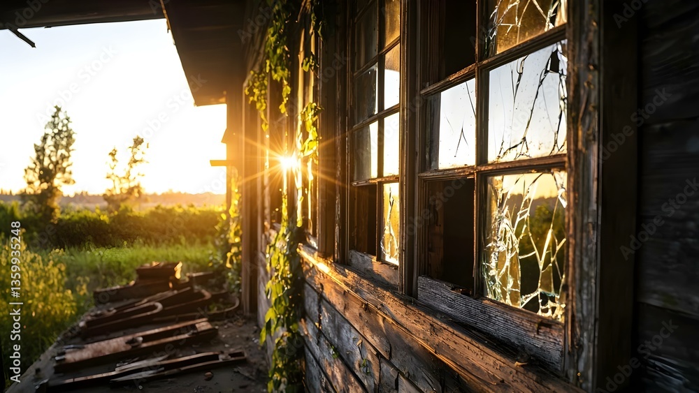 Poster an abandoned building with broken windows and vines, illuminated by sunlight during sunset, creating