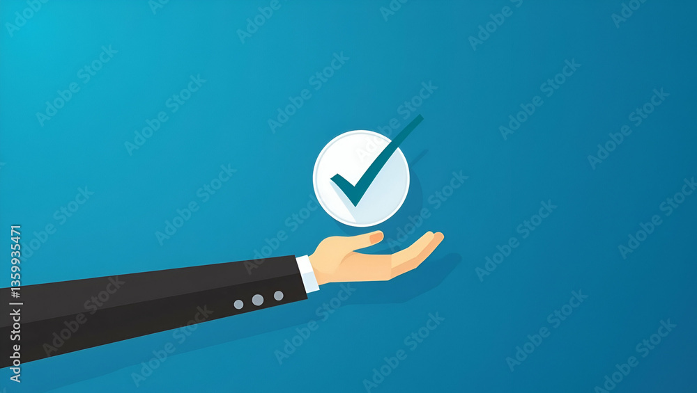 Poster flat hand holding holographic checkmark with quality assurance certification symbols on blue backgro