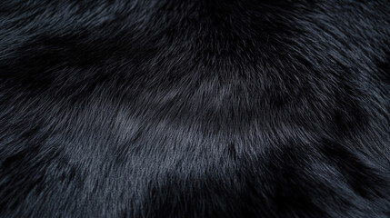 Close-up of shiny black animal fur with fine texture and natural sheen, captured in soft lighting to emphasize the smoothness and density of the coat.