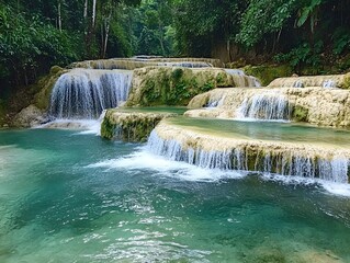 18. A river waterfall cascading into a clear pool with misty spray