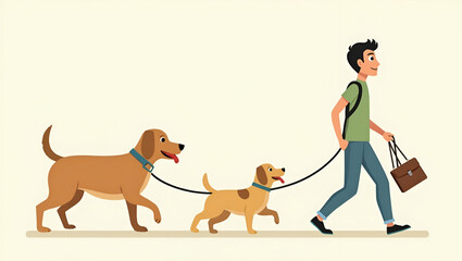 Dog walker accompanied by playful pups in clipart featuring flat art and simple cartoon 2D emblem highlighting pet care concept as Dog walker accompanied by playful pups in clipart featuring flat art 