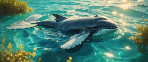 Fototapeta premium A playful Humpback whale calf in the vibrant blue water