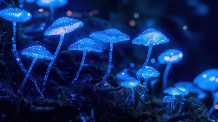 Enchanted forest illuminated luminous fungi in otherworldly brilliance