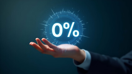 Hand interacting with holographic zero percent interest rate symbol representing zero percent financing discounts no commission sales promotions in empty space concept as Hand interacts with holograph