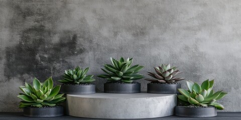 Display with a podium. Concrete cylinder, succulents and dark green leaves around, grey concrete background. Mockup for product presentation