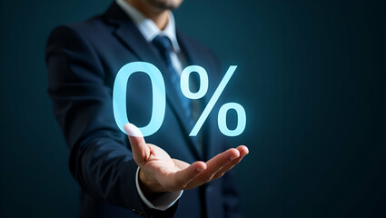 Unlock Financial Freedom: Hand Interacts with Holographic Zero Percent Interest Rate Symbol for No Commission Sales Promotions and Discounts in Stock Photo Concept