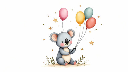 Whimsical Watercolor Koala with Balloons: Cheerful Kids Decor