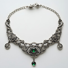 Elegant Silver Necklace: Intricate Artisan Craftsmanship with Ornate Emerald Gemstones - Bold Statement Piece for Women's Fashion and Festival Wear
