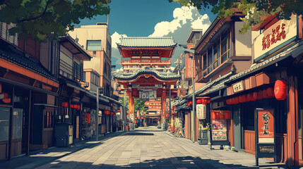 Temple and Shrine Streets Japan Lo-fi cartoonish illustration