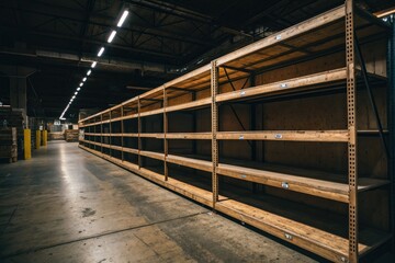 Naklejka premium Empty warehouse shelves, dimly lit, ideal for showcasing products; rustic wooden mockup background.