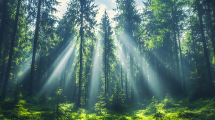 Obraz premium Sunbeams in misty forest, nature background