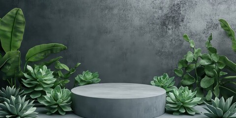 Display with a podium. Concrete cylinder, succulents and dark green leaves around, grey concrete background. Mockup for product presentation