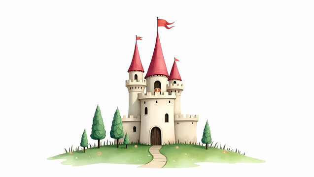 Hand Drawn Watercolor Clipart of Princess in Castle Tower - Perfect for Nursery Art and Fairy Tale Designs with Empty Space for Customization in Photo Stock