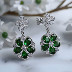 Stunning Green Gemstone Floral Earrings: Handcrafted Luxury Jewelry Statement Piece