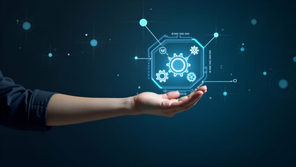 Flat Hand Manipulating Holographic Gear Icons for Workflow Automation in a Smart Business Concept