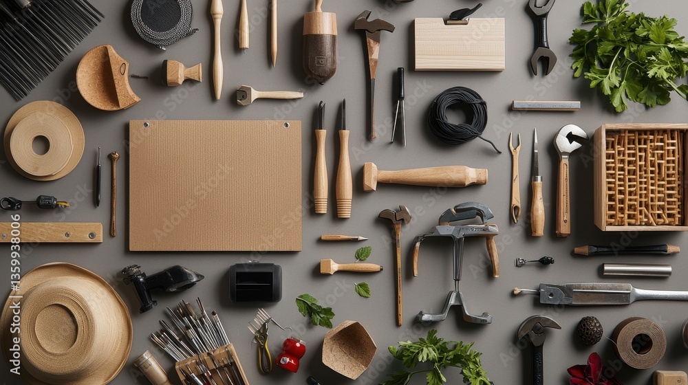 Poster unique creative workspace filled with tools for crafting and diy projects