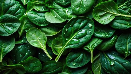 Fototapeta premium Background of fresh green spinach leaves featuring water droplets. Close-up texture of raw organic baby spinach. Food backdrop.