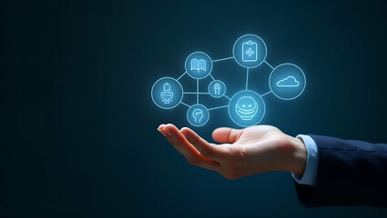 Flat Hand presenting holographic icons representing digital literacy importance with empty space background concept as A hand showcasing holographic symbols highlighting the importance of digital lite