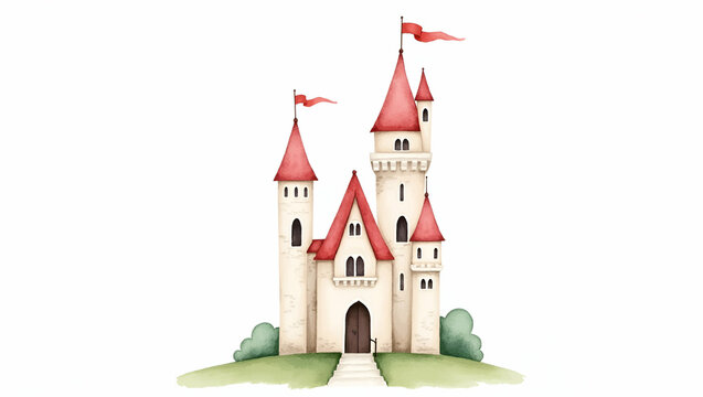 Hand Drawn Watercolor Clipart of Princess in Castle Tower - Perfect for Nursery Art and Fairy Tale Designs with Empty Space on Left Side for Customization in Photo Stock Concept