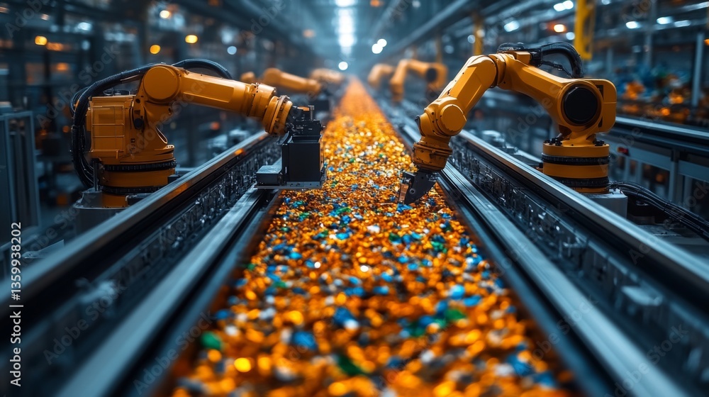 Poster robotic arms efficiently sort and organize colorful materials along a conveyor belt in an advanced l