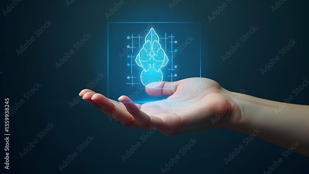 Poster exploring wellness mindfulness apps: a flat hand operating a holographic interface in a simple, cute