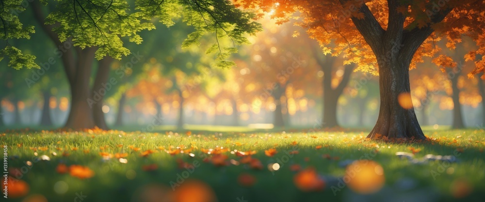 Poster autumn natural bokeh backdrop featuring trees in a park with space for text