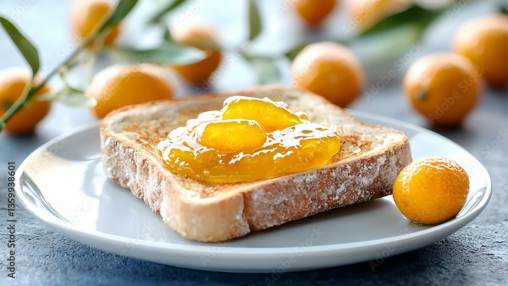 Poster toast topped with citrus jelly and garnished with a small orange, surrounded by additional oranges i