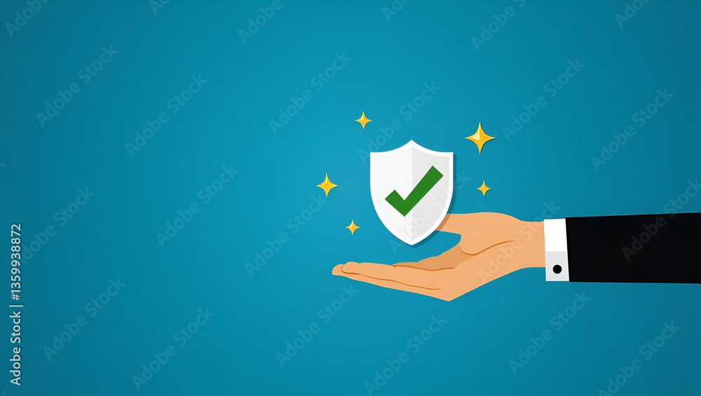 Poster flat hand holding holographic checkmark with quality assurance certification symbols on blue backgro