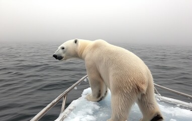 Polar bear standing on ice-covered boat deck, gazing at foggy sea.  Arctic wildlife, environmental conservation