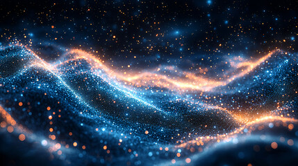 Futuristic Digital Landscape with Glowing Blue and Orange Particles – Abstract Technology Background, Data Visualization, Artificial Intelligence, Virtual Reality