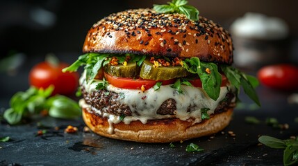 A gourmet burger with sesame seed bun, melted cheese, fresh vegetables, and herbs, presented on a dark slate surface
