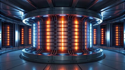 A futuristic tokamak reactor facility showcasing vibrant glowing plasma in a high-tech environment.
