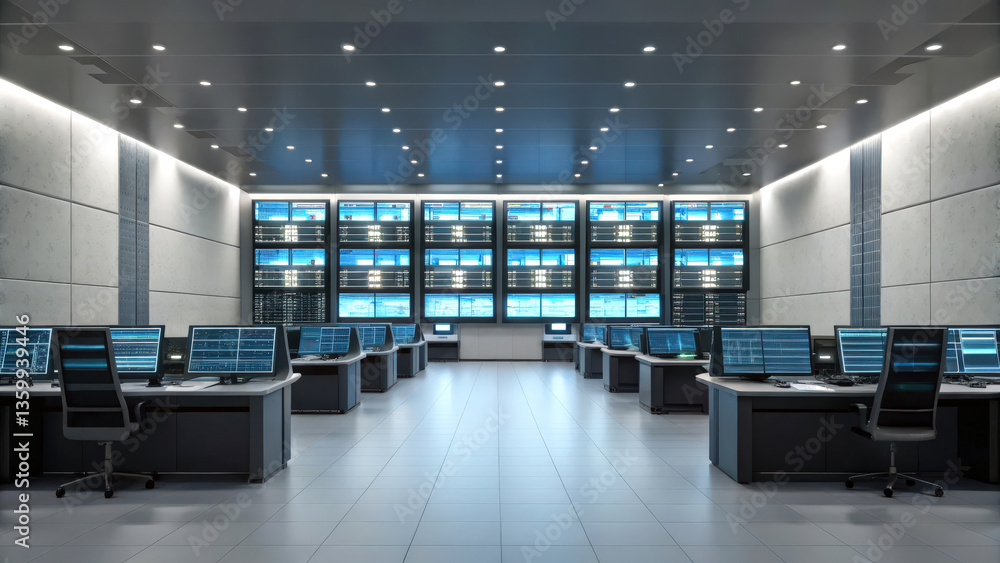 Poster digital transformation with industry 4.0, a modern control room with multiple screens, sleek desks, 