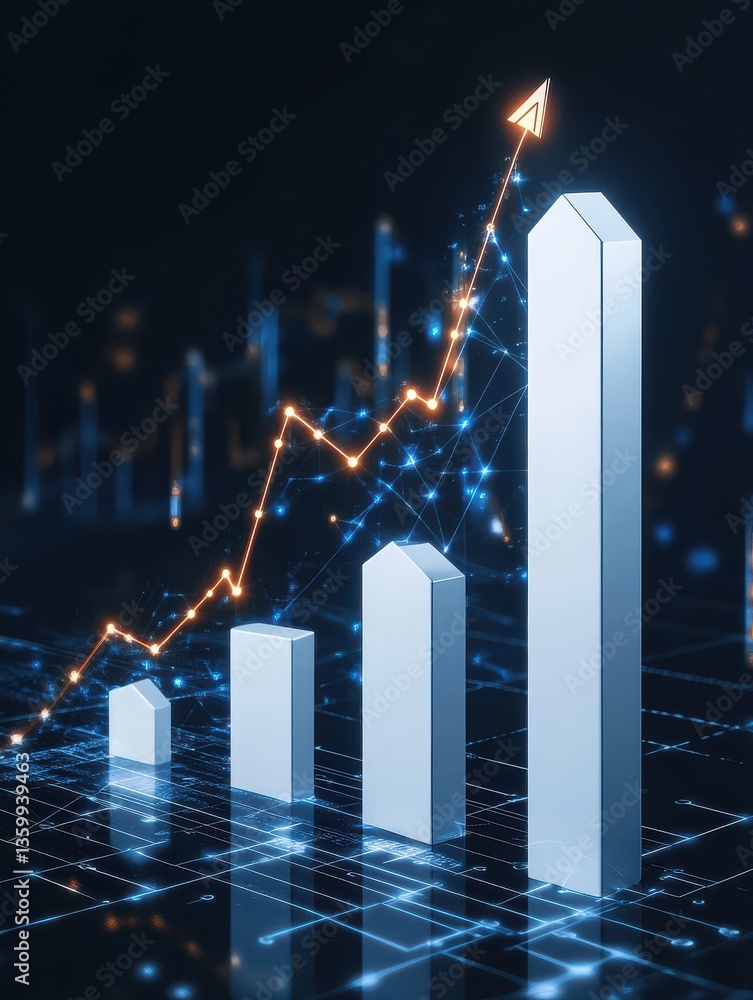 Poster a white 3d bar graph rising upward, an arrow pointing upward with glowing lines. surrounding the gra
