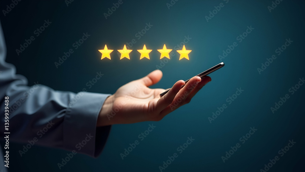 Poster enhance customer satisfaction: hand using holographic review interface with five-star ratings and em