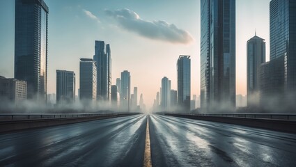 Fototapeta premium A perspective of an unoccupied asphalt road and a skyline featuring contemporary buildings.